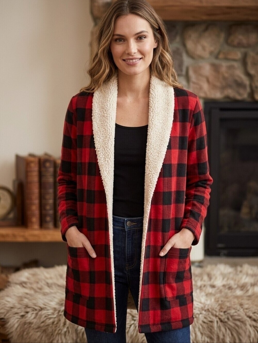 Eddie Bauer Small Red Black Buffalo Plaid Sherpa Cardigan